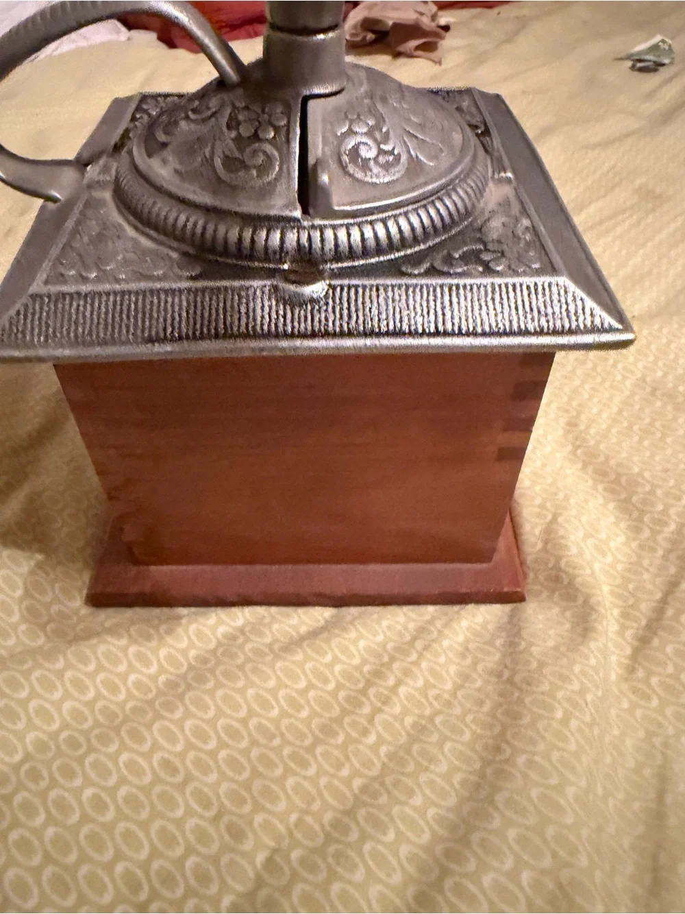 Vintage Wood Coffee Grinder with Embossed Metal Top - Brown & Silver